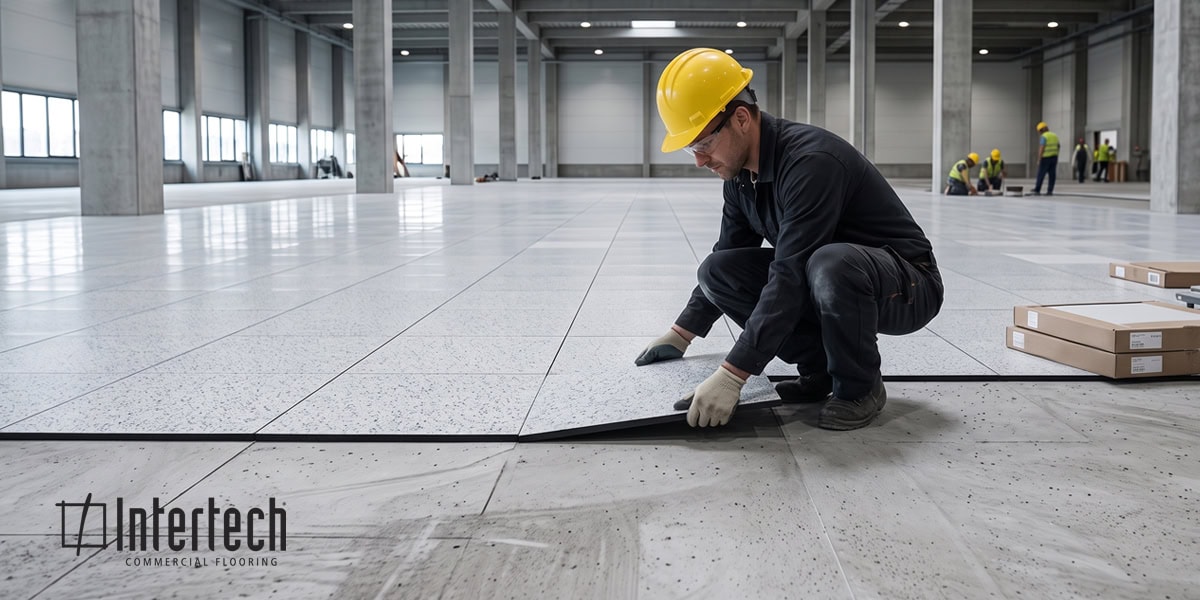 tech laying ESD flooring tile over raised access flooring